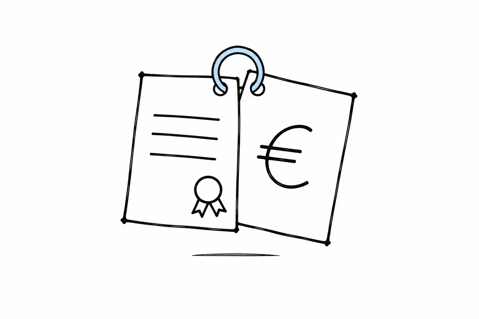 Illustratie van twee vellen aan één lichtblauwe ring, links een contract met zegel en rechts een beschikking met een euroteken