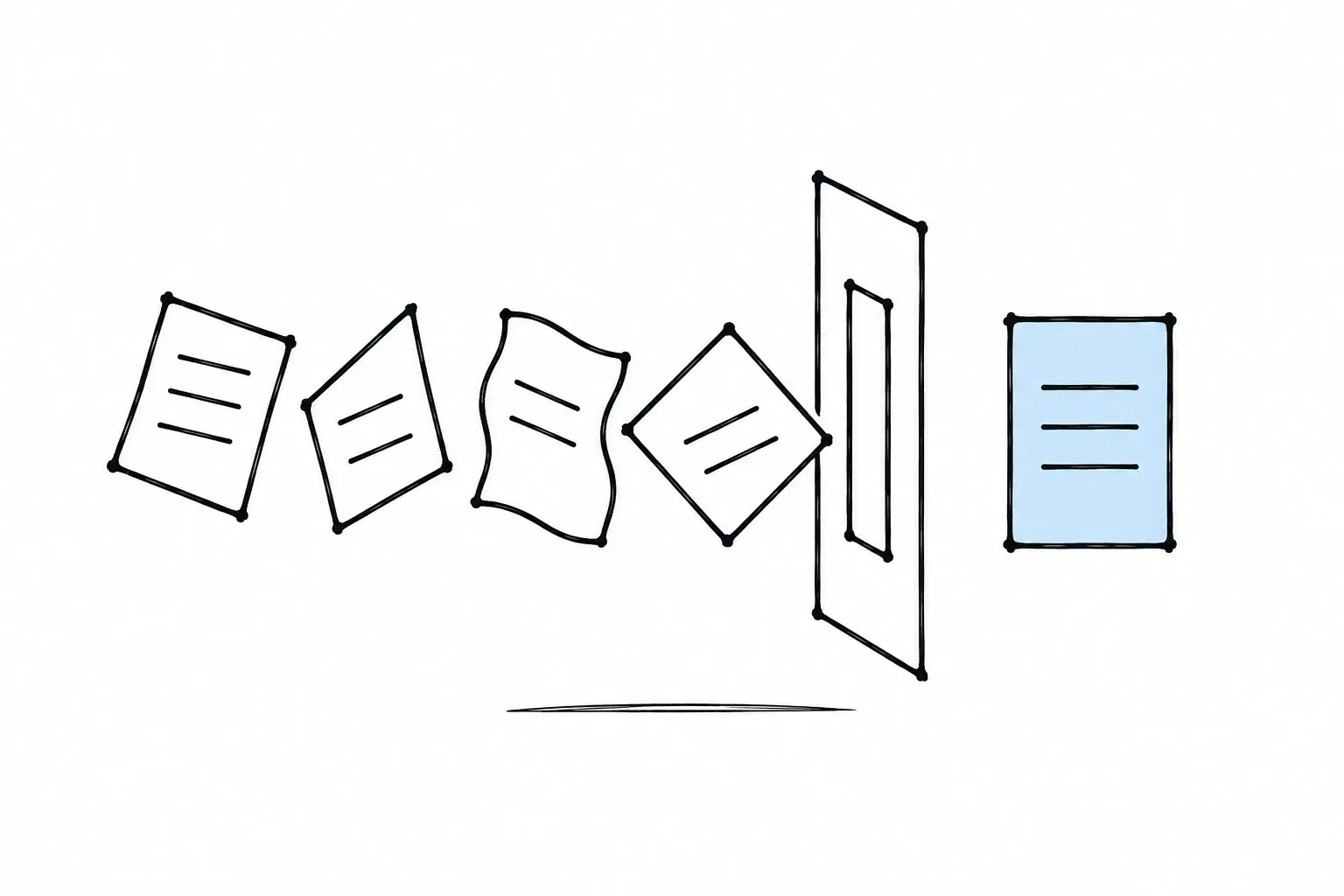 Illustratie van vier scheve formulieren die door één mal gaan en er rechts als één lichtblauw, recht formulier uitkomen